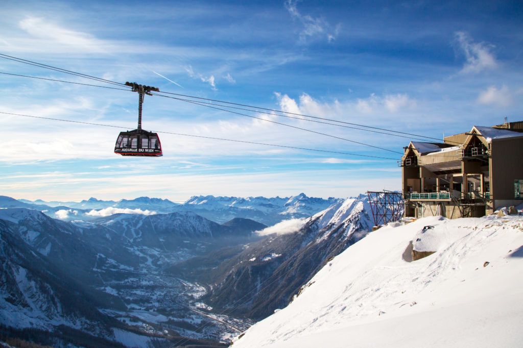 Chamonix, France - January , 28, 2015: Cable Car from Chamonix to the summit of the Aiguille du Midi and lift station high in the mountains Chamonix, France.