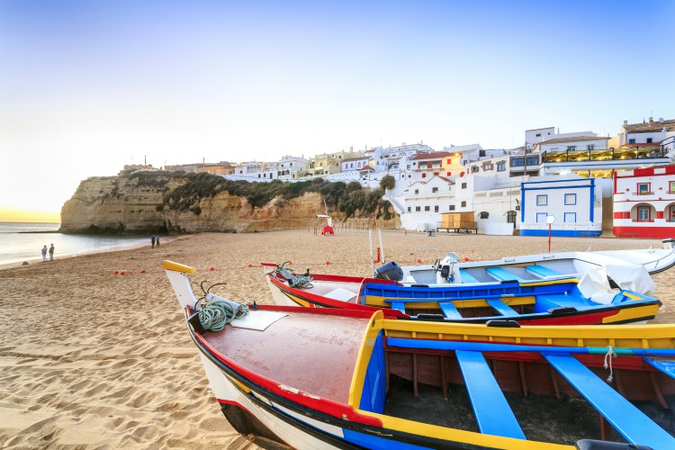 Beautiful beach with boats in Carvoeiro, Algarve, Portugal