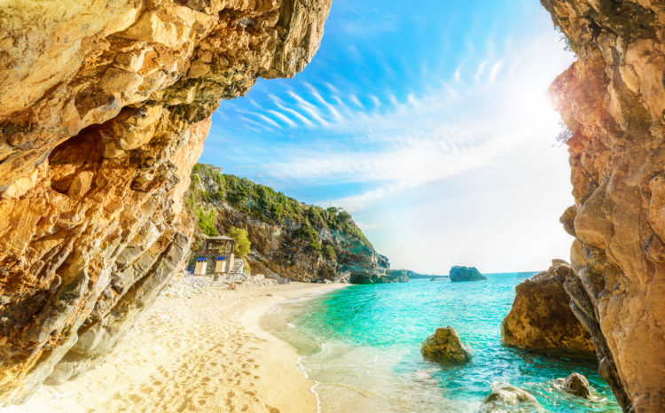 Beautiful view over the sea beach in Corfu island, Pelion, Mylopotamos, Greece