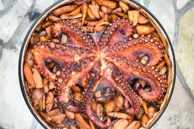 Preparing and Cooking of octopus in traditional Balkan CroatianGreek Mediterranean meal Peka in metal pots called sac sach or sache or a lid. This is a must when you visit Croatia