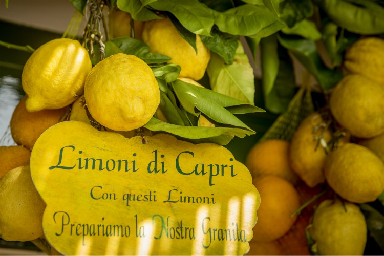 Lemons with text "lemons from Capri island. From these lemons we prepare our frozen dessert" written on a sign