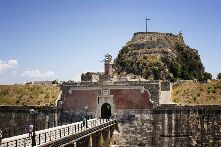 View of entrance at old fortress of Corfu (Kerkyra) island. Medieval fortress on a rocky peninsula offering sweeping sea views & historic churches.